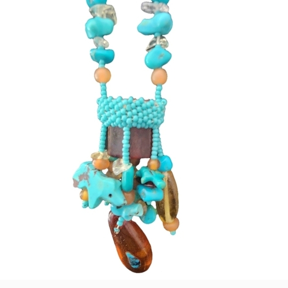 Vintage Native American Turquoise and Amber Beaded Lariat Fetish Bear Necklace - Picture 8 of 14